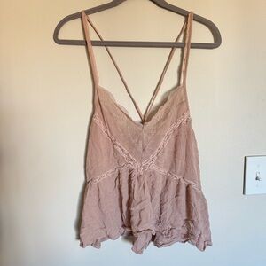 American Eagle Ballet Pink Lace Babydoll Cami Blouse Top Size S Peplum Y2K